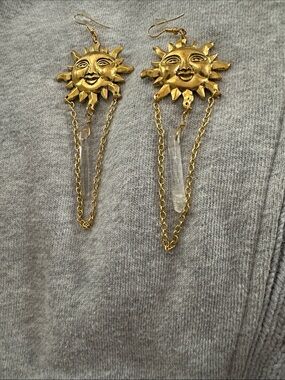 Gold Sun Face Dangle Earrings with Crystal Pendants